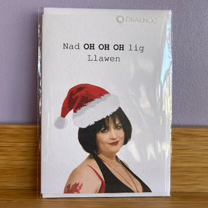 Product packaging with a person wearing a Santa hat on a white background, featuring the brand 'Draenog'.