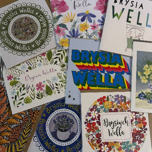 Collection of Brysia Wella / get well soon cards with floral and brand designs.