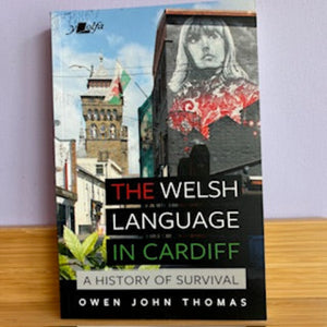 Book titled 'The Welsh Language in Cardiff: A History of Survival' by Owen John Thomas on a wooden surface.