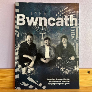 Book cover with three people sitting together, featuring the title 'LLYFR Bwncath' on a decorative background.