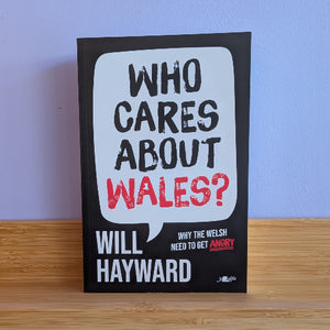 Book titled 'Who Cares About Wales?' by Will Hayward on a wooden surface with a blue wall background.