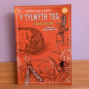 A book titled 'Y Tylwyth Teg' by Fiona Collins stands upright on a wooden shelf against a lavender wall. The book cover is predominantly orange with black and brown botanical illustrations.