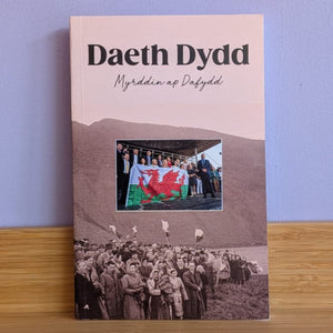 A book titled 'Daeth Dydd' with the subtitle 'Myrddin ap Dafydd' standing upright on a wooden surface against a light blue wall. The cover features a pale pink upper section with the title in black text, a central photograph of a crowd and a Welsh flag, and a sepia-toned historical crowd scene at the bottom.