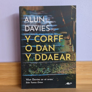 The book 'Y Corff o Dan y Ddaear' by Alun Davies, standing upright on a wooden surface against a light purple wall. The cover features a dark, moody photograph of stone stairs with the title in bold yellow letters and the author's name in white.