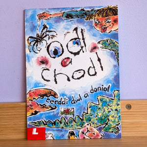 A children's book titled 'odi chodi cerddi dwl a doniol' with a colorful, whimsical hand-painted cover illustration, resting on a wooden surface against a light purple wall.