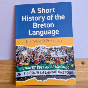 A book titled 'A Short History of the Breton Language' by Diarmuid É Breasélain stands upright on a wooden surface against a light purple wall. The cover features a blue top section with white text, a yellow band, and a torn-paper collage of a Breton language protest crowd near the bottom.