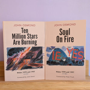 Two copies of John Osmond's Welsh book displayed side-by-side on a wooden shelf against a light purple wall.