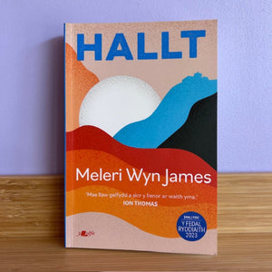 Book titled 'HALLT' by Meleri Wyn James on a wooden surface with a purple wall background