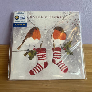 Christmas card with robins and stockings on a clear plastic cover against a purple wall.