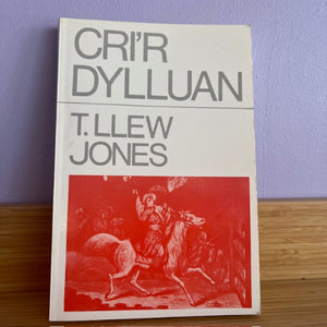Book titled 'Cri'r Dylluan' by T. Llew Jones on a wooden surface with a purple wall background.