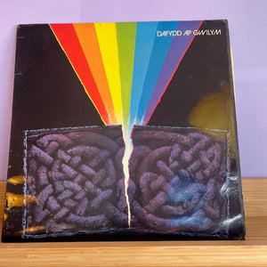 Vinyl record cover with rainbow design and text on a wooden surface