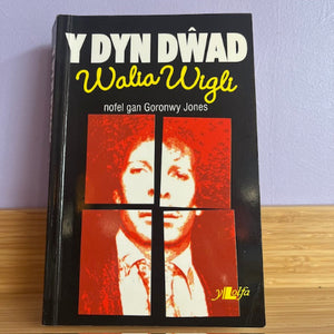 Book titled 'Y Dyn Dwad Walia Wigli' with a portrait on the cover against a light purple wall.