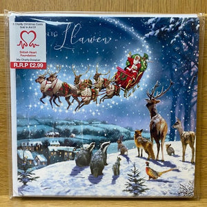 Santa flying with gazing woodland animals -  Welsh Christmas cards - Pecynnau cardiau Elusennol - Packs of charity cards