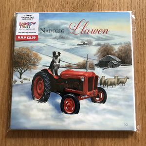 Red Tractor with sheepdog - Welsh Christmas cards - Pecynnau cardiau Elusennol - Packs of charity cards